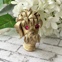 Load image into Gallery viewer, Vintage 1960s Crown Trifari Poodle Brooch. Gold Figural Poodle Head Brooch With Red Glass Crystal Eyes. Vintage Collectible Costume Jewelry