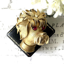Load image into Gallery viewer, Vintage 1960s Crown Trifari Poodle Brooch. Gold Figural Poodle Head Brooch With Red Glass Crystal Eyes. Vintage Collectible Costume Jewelry