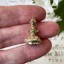 Cargar imagen en el visor de la galería, Georgian 9ct Gold Turquoise Intaglio Seal Fob Pendant. "UXL Scroll" Antique Blue Paste Tassie Seal. Georgian Floral Carved Gold Pendant Fob