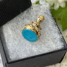 Cargar imagen en el visor de la galería, Georgian 9ct Gold Turquoise Intaglio Seal Fob Pendant. "UXL Scroll" Antique Blue Paste Tassie Seal. Georgian Floral Carved Gold Pendant Fob