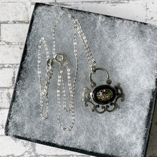 Cargar imagen en el visor de la galería, Antique Victorian Silver Micro Mosaic & Whitby Jet Padlock. Antique Sterling Silver Padlock Necklace Pendant. Victorian Bracelet Padlock