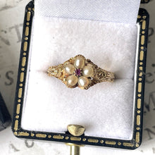 Cargar imagen en el visor de la galería, Antique Georgian 18ct Gold Ruby & Pearl "Forget Me Not" Locket Ring. Sentimental/Mourning Ring With Hair Compartment. Georgian Dress Ring.