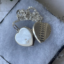Lade das Bild in den Galerie-Viewer, Vintage Sterling Silver Guilloche Engraved Heart Locket Necklace. Art Deco Revival 2-Photo Love Heart Locket On Sterling Silver Trace Chain