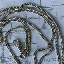 Cargar imagen en el visor de la galería, Victorian Silver 58” Long Guard Chain Necklace. Antique Curb Link Wheat Chain Sautoir Necklace. Sterling Silver Muff/Pocket Watch Chain