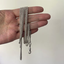 Cargar imagen en el visor de la galería, Victorian Silver 58” Long Guard Chain Necklace. Antique Curb Link Wheat Chain Sautoir Necklace. Sterling Silver Muff/Pocket Watch Chain