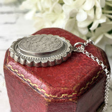 Cargar imagen en el visor de la galería, Victorian Silver Aesthetic Engraved Pansy Flower Pendant Necklace. Oval Sterling Silver Antique Pendant & Belcher Chain. Victorian Jewelry