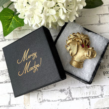 Load image into Gallery viewer, Vintage 1960s Crown Trifari Poodle Brooch. Gold Figural Poodle Head Brooch With Red Glass Crystal Eyes. Vintage Collectible Costume Jewelry