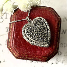 Load image into Gallery viewer, Vintage Sterling Silver Marcasite Heart Locket &amp; Chain. Art Deco Love Heart Butterfly Locket Necklace. Sparkling Sweetheart Locket Pendant

