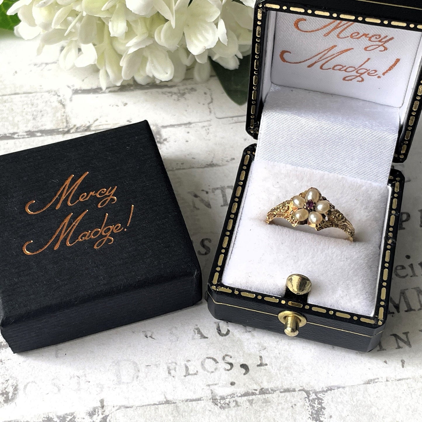 Antique Georgian 18ct Gold Ruby & Pearl "Forget Me Not" Locket Ring. Sentimental/Mourning Ring With Hair Compartment. Georgian Dress Ring.