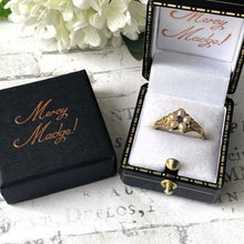 Cargar imagen en el visor de la galería, Antique Georgian 18ct Gold Ruby & Pearl "Forget Me Not" Locket Ring. Sentimental/Mourning Ring With Hair Compartment. Georgian Dress Ring.