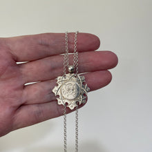 Load image into Gallery viewer, Antique Edwardian Silver Eight Point Cross Pendant Fob Necklace. Circa 1906 Sterling Silver Floral Engraved Fancy Maltese Cross Lady’s Fob