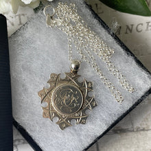 Load image into Gallery viewer, Antique Edwardian Silver Eight Point Cross Pendant Fob Necklace. Circa 1906 Sterling Silver Floral Engraved Fancy Maltese Cross Lady’s Fob