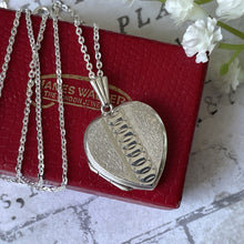 Lade das Bild in den Galerie-Viewer, Vintage Sterling Silver Guilloche Engraved Heart Locket Necklace. Art Deco Revival 2-Photo Love Heart Locket On Sterling Silver Trace Chain
