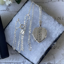 Lade das Bild in den Galerie-Viewer, Vintage Sterling Silver Guilloche Engraved Heart Locket Necklace. Art Deco Revival 2-Photo Love Heart Locket On Sterling Silver Trace Chain