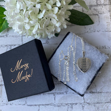 Lade das Bild in den Galerie-Viewer, Vintage Sterling Silver Guilloche Engraved Heart Locket Necklace. Art Deco Revival 2-Photo Love Heart Locket On Sterling Silver Trace Chain