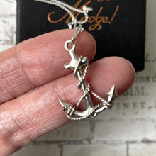 Cargar imagen en el visor de la galería, Vintage Victorian Style Sterling Silver Anchor Pendant Necklace. Fancy Silver Rope "Fouled" Anchor Engraved Pendant On Curb Chain.