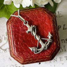Cargar imagen en el visor de la galería, Vintage Victorian Style Sterling Silver Anchor Pendant Necklace. Fancy Silver Rope "Fouled" Anchor Engraved Pendant On Curb Chain.