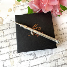 Cargar imagen en el visor de la galería, Antique Sterling Silver & Amethyst Propelling Pencil. Victorian Floral Engraved Full Sized Silver Mechanical Pencil Chatelaine Pendant