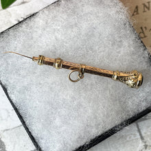 Lade das Bild in den Galerie-Viewer, Antique Victorian 9ct Gold Amethyst Toothpick Pendant. Solid Gold Engraved Fancy Toothpick Necklace Pendant. Retractable 9ct Gold Toothpick