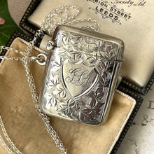 Cargar imagen en el visor de la galería, Edwardian Sterling Silver Lady's Engraved Vesta Case With Chain, Chester 1906. Antique Sterling Silver Chatelaine Pendant/Locket Necklace