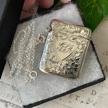 Load image into Gallery viewer, Edwardian Sterling Silver Lady&#39;s Engraved Vesta Case With Chain, Chester 1906. Antique Sterling Silver Chatelaine Pendant/Locket Necklace

