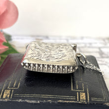 Cargar imagen en el visor de la galería, Edwardian Sterling Silver Lady's Engraved Vesta Case With Chain, Chester 1906. Antique Sterling Silver Chatelaine Pendant/Locket Necklace