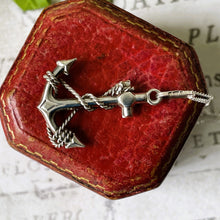 Cargar imagen en el visor de la galería, Vintage Victorian Style Sterling Silver Anchor Pendant Necklace. Fancy Silver Rope "Fouled" Anchor Engraved Pendant On Curb Chain.