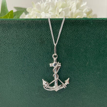 Cargar imagen en el visor de la galería, Vintage Victorian Style Sterling Silver Anchor Pendant Necklace. Fancy Silver Rope "Fouled" Anchor Engraved Pendant On Curb Chain.