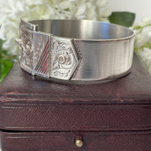 Load image into Gallery viewer, Vintage Floral Engraved Forget-Me-Not Belt & Buckle Silver Bangle, 1962 Hallmarks. Victorian Style Heavy Wide Sterling Silver Bracelet Cuff
