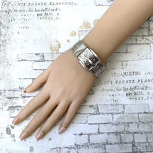 Load image into Gallery viewer, Vintage Floral Engraved Forget-Me-Not Belt & Buckle Silver Bangle, 1962 Hallmarks. Victorian Style Heavy Wide Sterling Silver Bracelet Cuff
