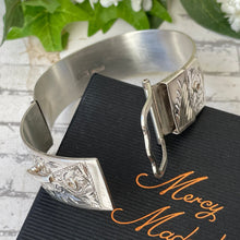 Load image into Gallery viewer, Vintage Floral Engraved Forget-Me-Not Belt & Buckle Silver Bangle, 1962 Hallmarks. Victorian Style Heavy Wide Sterling Silver Bracelet Cuff