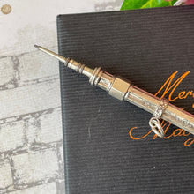 Cargar imagen en el visor de la galería, Antique Sterling Silver & Amethyst Propelling Pencil. Victorian Floral Engraved Full Sized Silver Mechanical Pencil Chatelaine Pendant