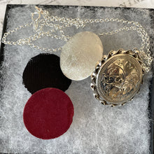 Cargar imagen en el visor de la galería, Vintage English Sterling Silver "Forget Me Not" Locket Locket Pendant Necklace. Victorian Revival Floral Engraved Large Round Locket & Chain