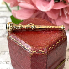 Lade das Bild in den Galerie-Viewer, Antique Victorian 9ct Gold Amethyst Toothpick Pendant. Solid Gold Engraved Fancy Toothpick Necklace Pendant. Retractable 9ct Gold Toothpick