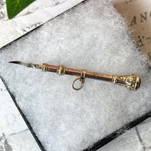 Lade das Bild in den Galerie-Viewer, Antique Victorian 9ct Gold Amethyst Toothpick Pendant. Solid Gold Engraved Fancy Toothpick Necklace Pendant. Retractable 9ct Gold Toothpick