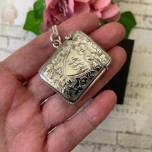 Load image into Gallery viewer, Edwardian Sterling Silver Lady&#39;s Engraved Vesta Case With Chain, Chester 1906. Antique Sterling Silver Chatelaine Pendant/Locket Necklace
