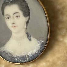 Lade das Bild in den Galerie-Viewer, Antique Georgian Gold Gilded Portrait Miniature Locket Pendant. Small Signed Portrait Miniature of a Lady 1767. Georgian Sentimental Jewelry