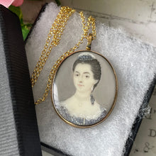 Lade das Bild in den Galerie-Viewer, Antique Georgian Gold Gilded Portrait Miniature Locket Pendant. Small Signed Portrait Miniature of a Lady 1767. Georgian Sentimental Jewelry
