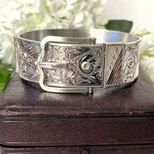 Load image into Gallery viewer, Vintage Floral Engraved Forget-Me-Not Belt & Buckle Silver Bangle, 1962 Hallmarks. Victorian Style Heavy Wide Sterling Silver Bracelet Cuff