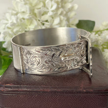 Load image into Gallery viewer, Vintage Floral Engraved Forget-Me-Not Belt & Buckle Silver Bangle, 1962 Hallmarks. Victorian Style Heavy Wide Sterling Silver Bracelet Cuff