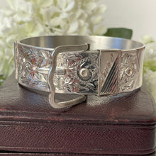 Load image into Gallery viewer, Vintage Floral Engraved Forget-Me-Not Belt & Buckle Silver Bangle, 1962 Hallmarks. Victorian Style Heavy Wide Sterling Silver Bracelet Cuff