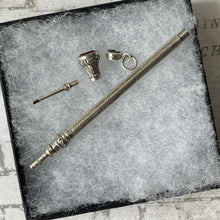 Cargar imagen en el visor de la galería, Victorian Engraved Sterling Silver Sliding Pencil Pendant With Citrine Seal. Antique Solid Silver Retracting/Telescopic Mechanical Pencil