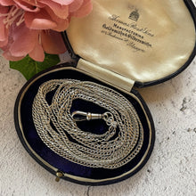 Cargar imagen en el visor de la galería, Victorian Silver 60” Long Guard Chain Necklace. Antique Curb Link Wheat Chain Sautoir Necklace. Sterling Silver Muff/Pocket Watch Chain