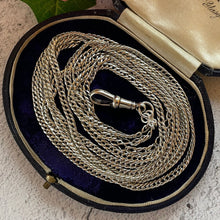 Cargar imagen en el visor de la galería, Victorian Silver 60” Long Guard Chain Necklace. Antique Curb Link Wheat Chain Sautoir Necklace. Sterling Silver Muff/Pocket Watch Chain
