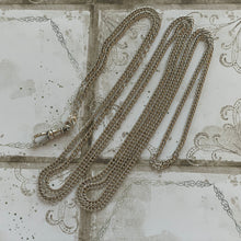 Cargar imagen en el visor de la galería, Victorian Silver 60” Long Guard Chain Necklace. Antique Curb Link Wheat Chain Sautoir Necklace. Sterling Silver Muff/Pocket Watch Chain