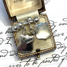 Load image into Gallery viewer, Victorian Engraved Silver Shield Statement Cufflinks. Sterling Silver Chain Cufflinks. Wedding Groom/ Mens Formal Antique Silver Cufflinks
