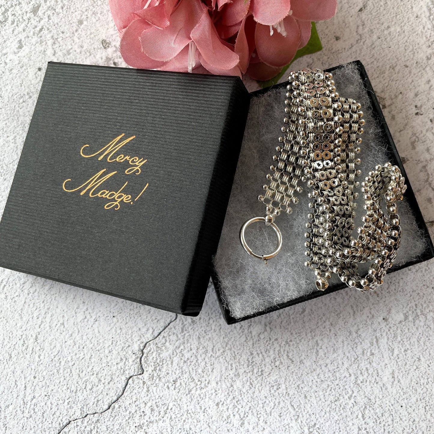 Victorian Sterling Silver Book Chain Necklace. Antique Aesthetic Era Silver Star Collar Necklace. Victorian Bookchain For Lockets/Pendants