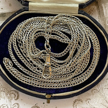 Cargar imagen en el visor de la galería, Victorian Silver 60” Long Guard Chain Necklace. Antique Curb Link Wheat Chain Sautoir Necklace. Sterling Silver Muff/Pocket Watch Chain
