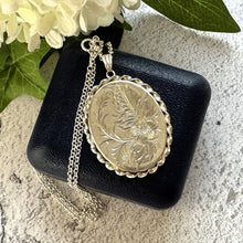 Cargar imagen en el visor de la galería, Vintage English Silver "Forget Me Not" Oval Locket Pendant Necklace. Victorian Revival Floral Engraved Large Locket & Chain, Hallmarked 1975