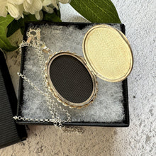 Cargar imagen en el visor de la galería, Vintage English Silver "Forget Me Not" Oval Locket Pendant Necklace. Victorian Revival Floral Engraved Large Locket & Chain, Hallmarked 1975